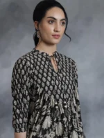 Black Printed Cotton A-Line Kurti - Image 3