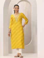 Mustard Printed Silk Blend Straight Kurta - Image 4