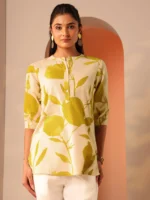 Off White Printed Cotton Straight Short Kurti