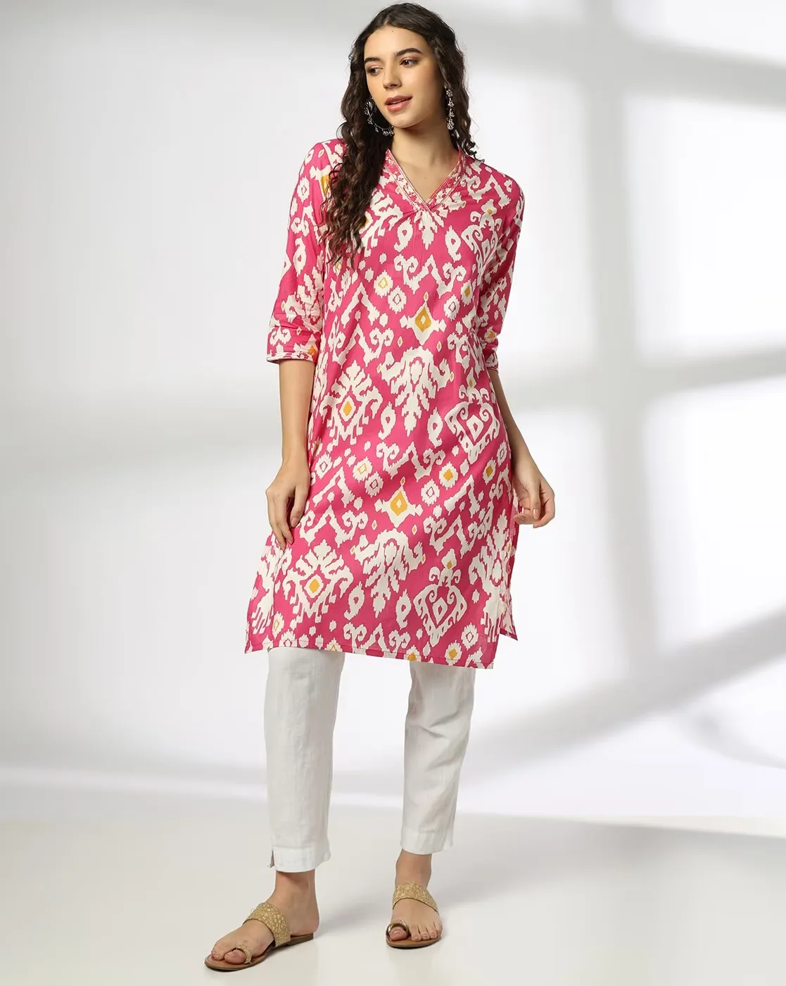1117Wx1400H-443066997-pink-MODEL.webp Women Ikat Cotton Straight Kurta - Image 1