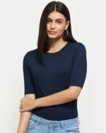 Women Ribbed Stretchable Round-Neck Top