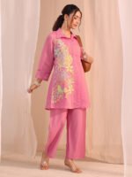 Pink Floral Embroidered Chanderi Cotton Cord Set