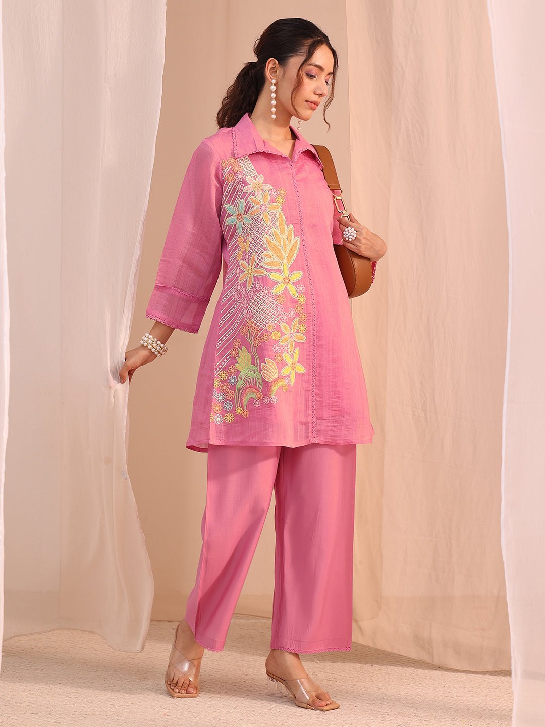 56390_Main.jpg Pink Floral Embroidered Chanderi Cotton Cord Set - Image 1