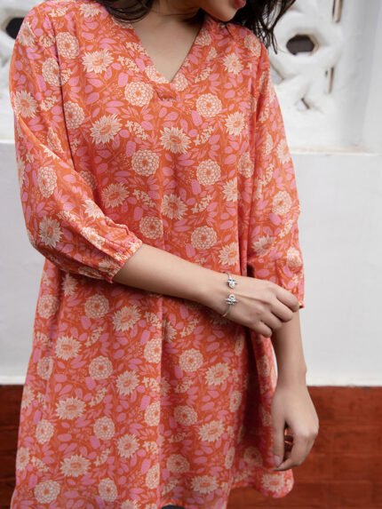 Orange Georgette Floral Short Kurti