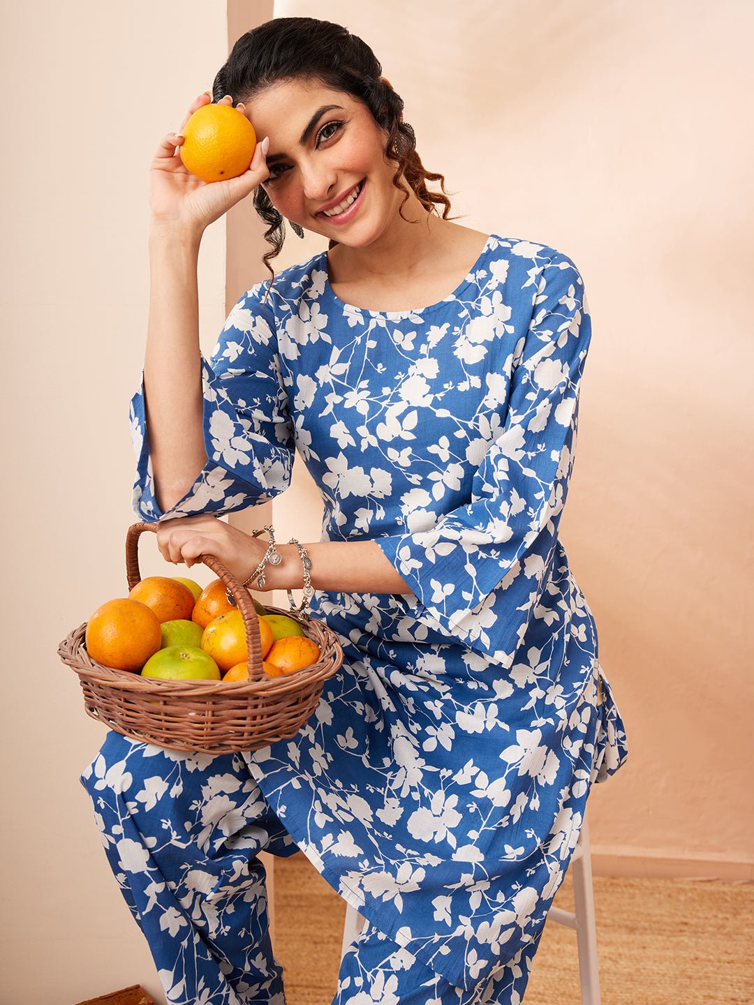 JAA26CD03537_1.jpg Blue Pure Cotton Floral Printed Straight Cord Set - Style 03537 - Image 1