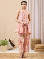 Light Pink Pure Cotton Floral Printed A-Line Cord Set