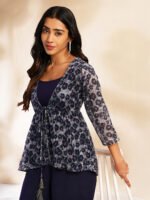 Black Chiffon Solid Shoulder Strap Crop Top with Trouser Floral Printed Shrug