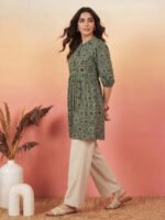 Green Pure Cotton Geometric Printed A-Line Short Kurti - Image 3