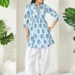 Light Blue Pure Cotton Floral Printed A-Line Short Kurti