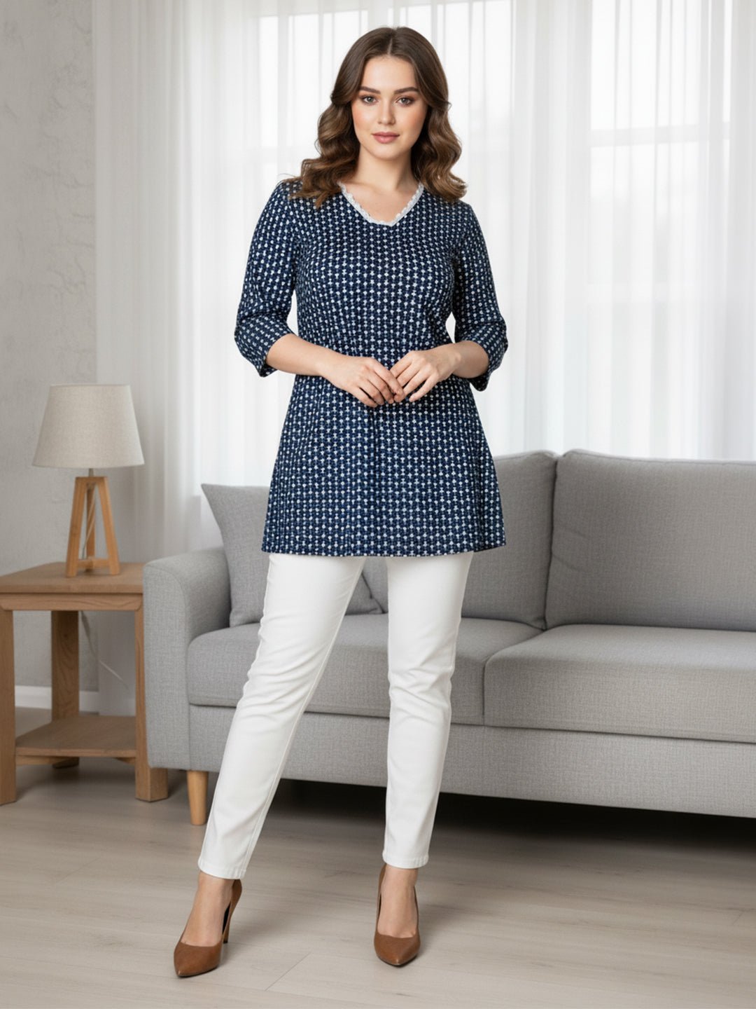 JAA26TU04283_1.jpg Indigo Pure Cotton Ethnic Motifs Printed Straight Short Kurti - Image 1