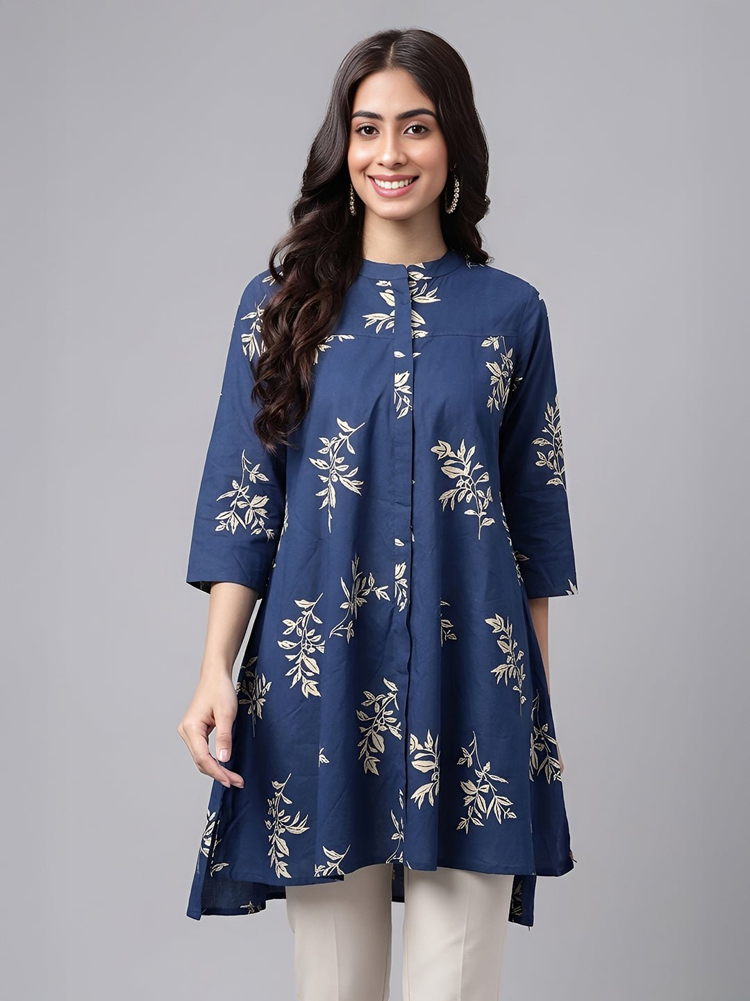 JAA26TU04289_1.jpg Navy Blue Pure Cotton Floral Printed A-Line Short Kurti - Image 1