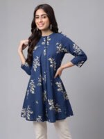 Navy Blue Pure Cotton Floral Printed A-Line Short Kurti - Image 3
