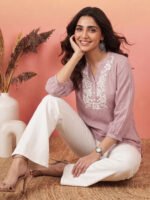Lavender Silk Blend Floral Yoke Embroidered Straight Short Kurti - Image 3