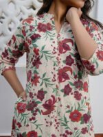 Cream Pure Cotton Floral Printed Straight Short Kurti
