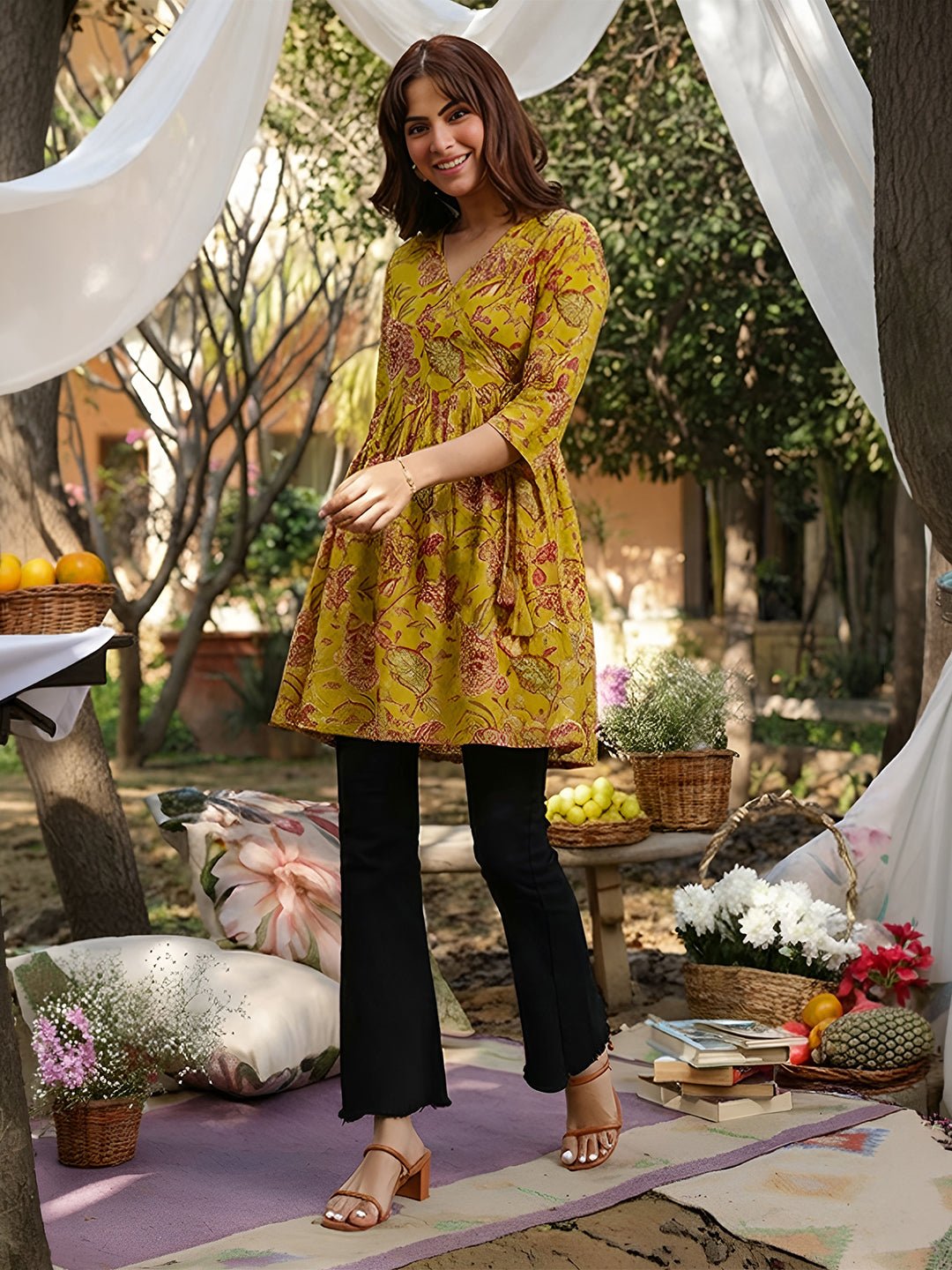 JAC26TU03918_1.jpg Mustard Pure Cotton Floral Printed A-Line Short Kurti - Style 03918 - Image 1