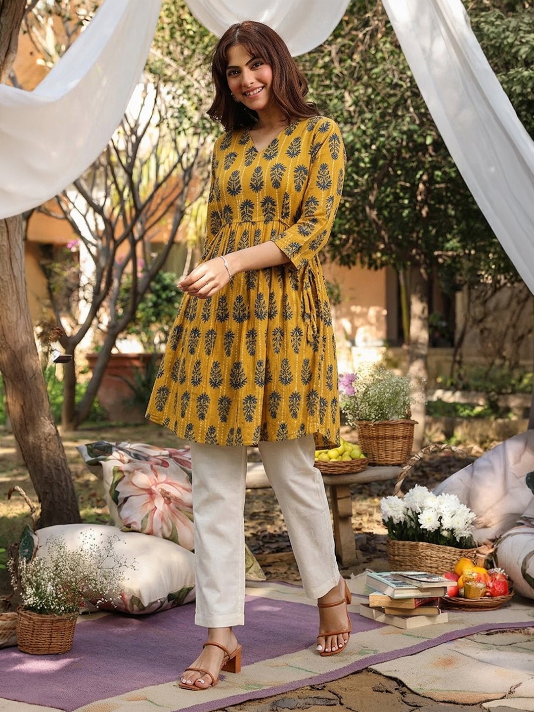 JAC26TU03919_1.jpg Mustard Pure Cotton Floral Printed A-Line Short Kurti - Style 03919 - Image 1