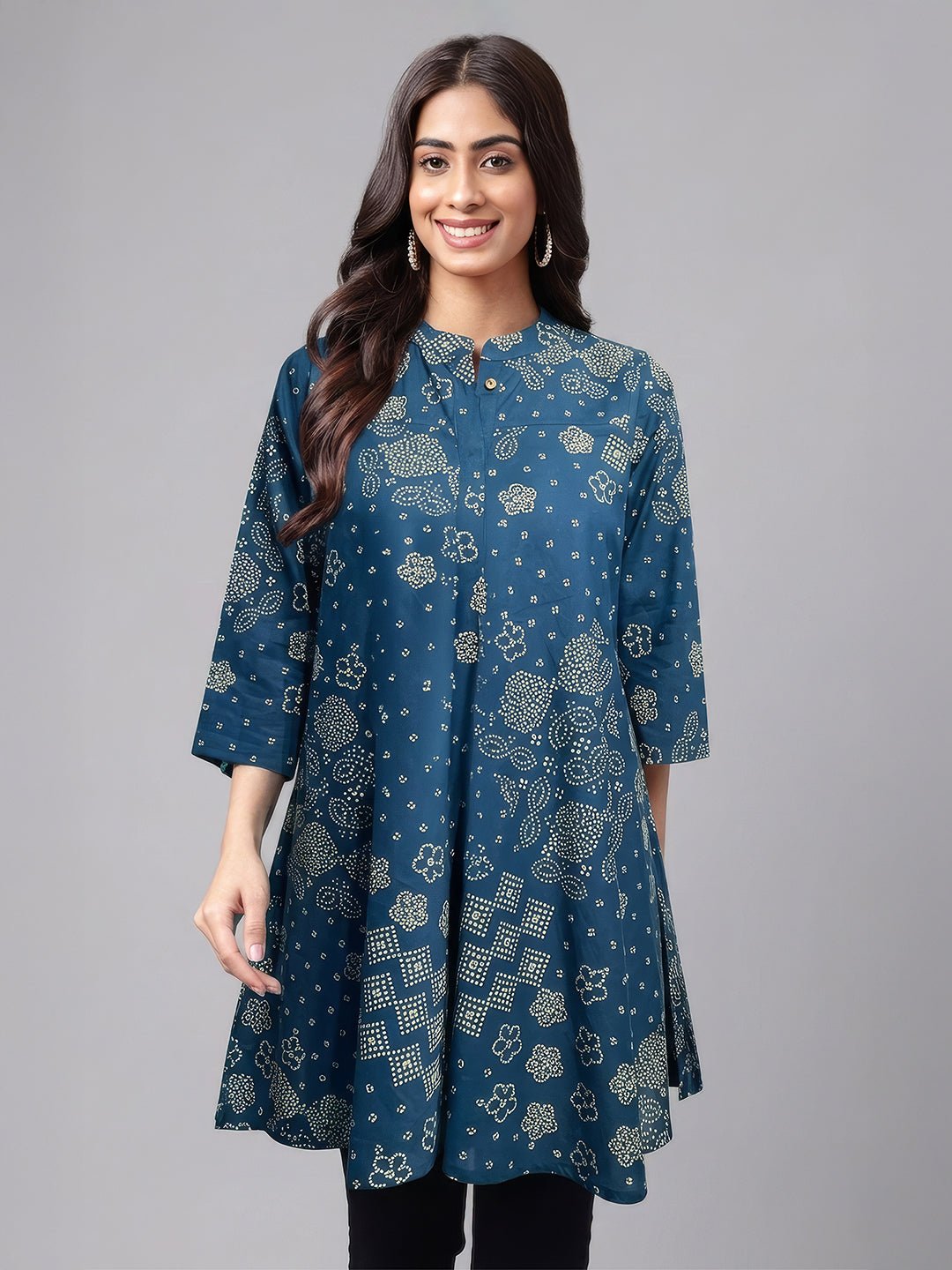 JAC26TU03926_1.jpg Teal Blue Pure Cotton Bandhani Printed Flared Short Kurti - Image 1
